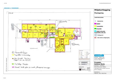 En plantegning (Miljøkartlegging) som viser romfordeling og belgning for et bygg (Rolland Skole).