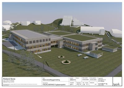 3D-visualisering (rendering) av et nytt skolebygg sett fra fugleperspektiv, inkludert omgivelsene og andre bygninger på tomta.