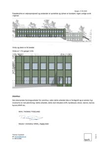 Bildet viser to fasadetegninger (opprikk) av en bygning, med tekst som beskriver fasaderytme og vindustørrelser.