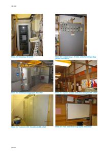 En samling av seks fotografier som viser ulike typer utstyr og rom i en bygning, inkludert dataskap, fordelerskap, ventilasjon, tavlerom og smartboard.