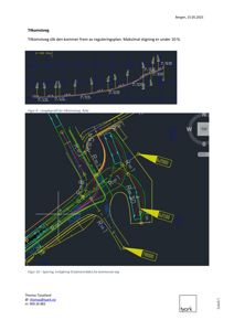 Situasjonsplan som viser planlagt veiforbindelse (Tilkomstveg) med innkjøring til et planområde, inkludert lengdeprofil og sporingsdetaljer.