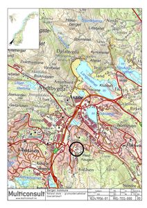 Oversiktskart over Asane i Bergen kommune med topografi, veier og bygningsmasse. Et område er markert med en svart sirkel.