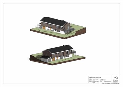3D-visualisering (rendering) av et hus sett fra to ulike vinkler, inkludert terrengform og fasade.