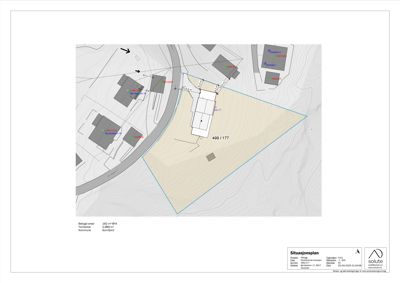 Situasjonsplan som viser tomtens beliggenhet, grenser, nabolag og topografi.