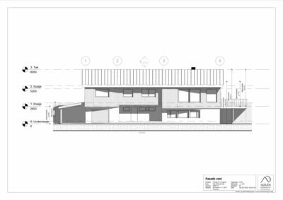 Fasadetegning (vest) som viser bygningens utseende fra utsiden, inkludert vinduer, tak og fasadematerialer.