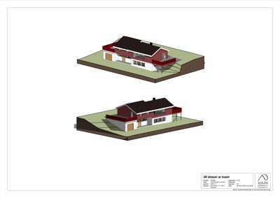 3D-visualisering av et hus sett fra to ulike vinkler, med skisse over tomme.