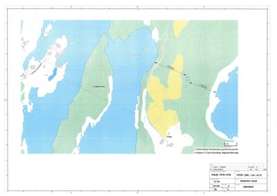 Situasjonsplan som viser tomtens beliggenhet i forhold til omgivelsene, inkludert vann, vei og nabotomter.