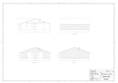 Fasadetegning som viser bygningens utseende fra fire ulike vinkler (vest, øst, nord og sør) med angitte mål.