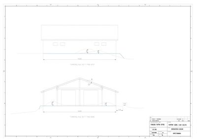 Fasadetegning som viser bygningens oppriss sett fra vest og nord, inkludert terrenglinjer og mål.