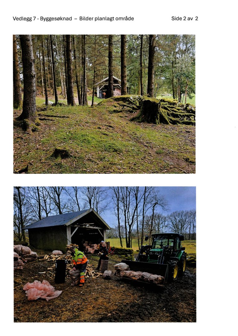 Fotografier av et planlagt område i skog med en hytte og en lade, samt arbeidere som laster ved.