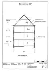 Snittegning av bygning på Bjørnsonsgt. 23A som viser etasjer, høyder og konstruksjonsdetaljer.