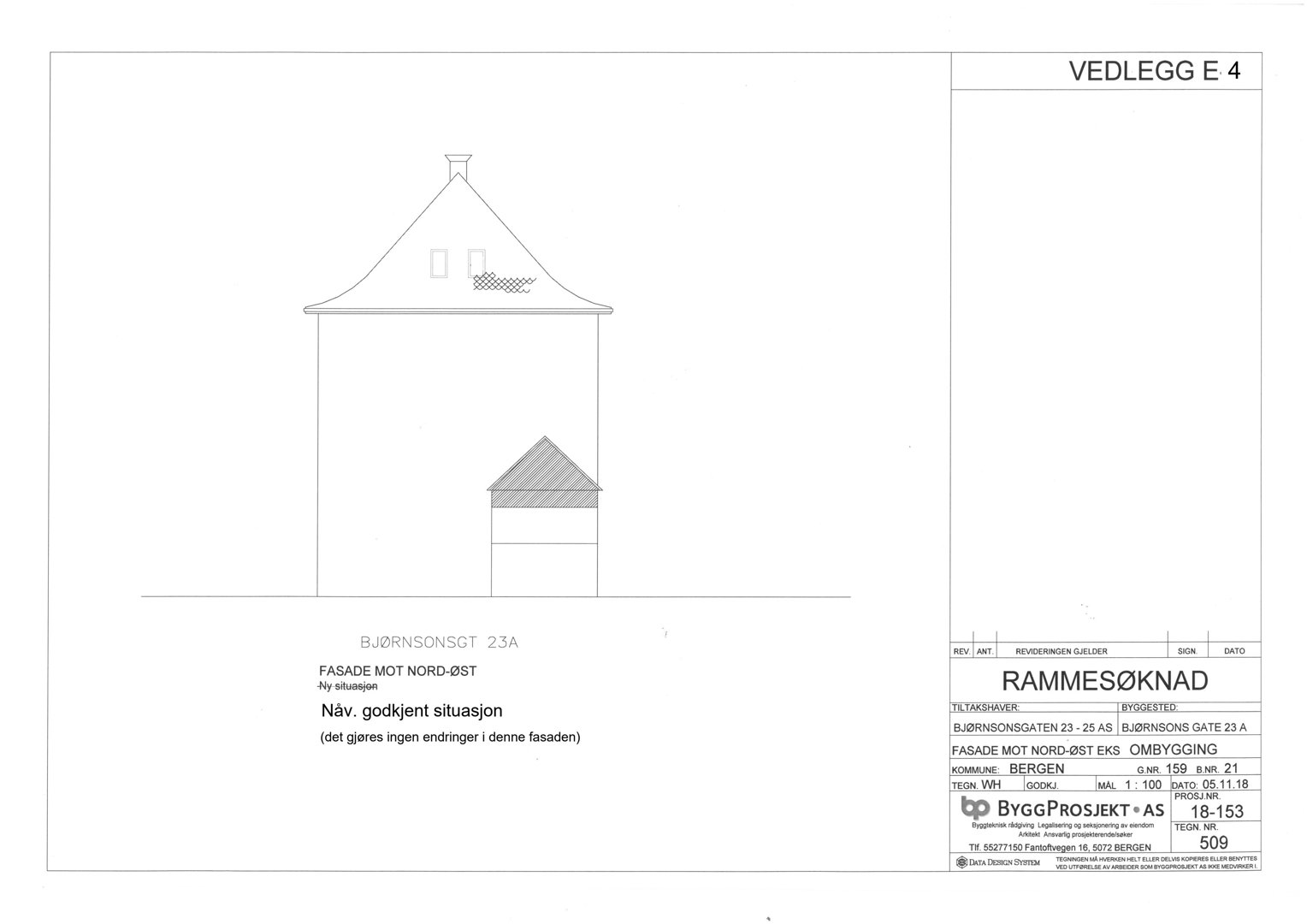 Fasadetegning for Bjørnsonsgaten 23A, som viser opprisset av bygningens front mot nord-øst.