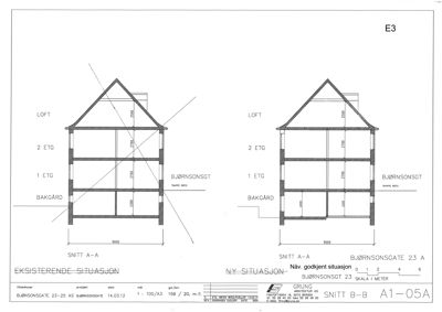 Snittegning (Snitt A-A og Snitt B-B) som viser bygningens tverrsnitt, høyder og romfordeling.