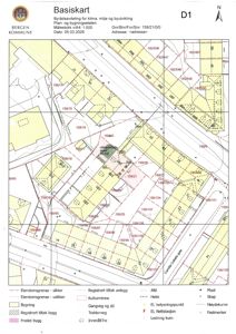 Et basiskart (situasjonsplan) fra Bergen kommune som viser eiendomsgrenser, bygninger, veier og infrastruktur i et område.