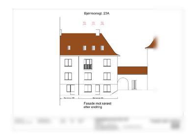 Fasadetegning av bygning på Bjørnsonsgt. 23A, som viser utvendig utforming etter endring.