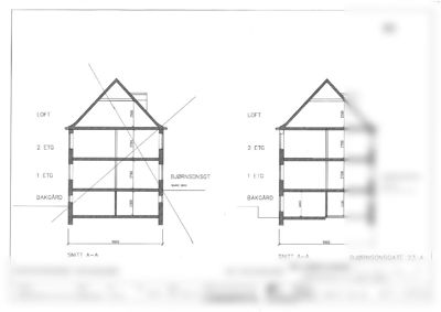 Snittegning (Snitt A-A og Snitt B-B) som viser bygningens tverrsnitt, høyder og romfordeling.
