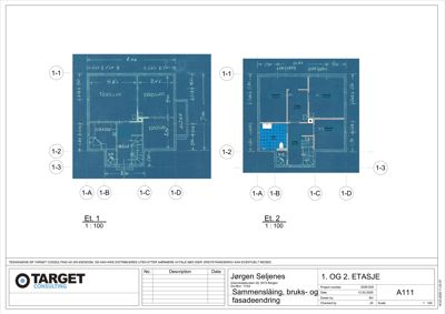 Plantegning som viser romfordeling og dimensjoner for 1. og 2. etasje.