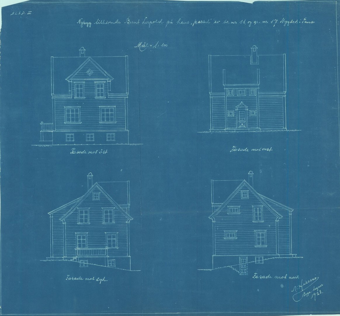 Fasadetegning som viser fire ulike vinkler på en bygning (mot SØ, mot VEST, mot SØL, mot VEST).