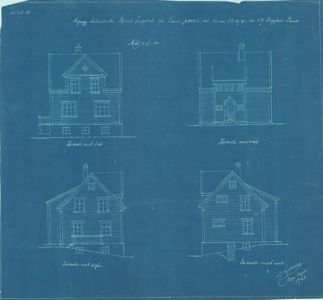 Fasadetegning som viser fire ulike vinkler på en bygning (mot SØ, mot VEST, mot SØL, mot VEST).