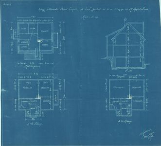 Plantegning som viser romfordeling og mål for 1. etasje, 2. etasje, et snitt (Façade) og et gulvplan.