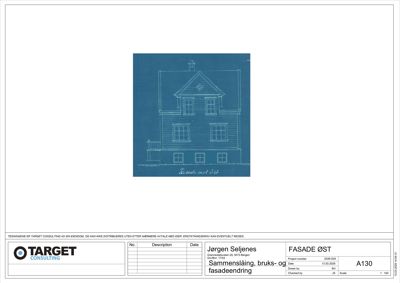 Fasadetegning av en bygning sett fra øst, med tegningstittel 'FASADE ØST' og beskrivelse 'Sammenslåing, bruks- og fasadeendring'.