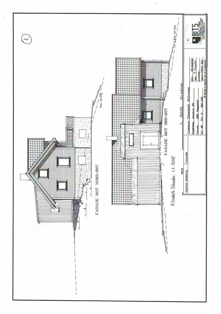 Fasadetegning som viser bygningens utseende fra to vinkler (Nord-Øst og Sør-Vest) med detaljer om materialer og vinduer.