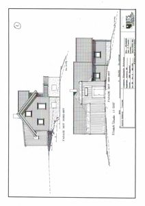 Fasadetegning som viser bygningens utseende fra to vinkler (Nord-Øst og Sør-Vest) med detaljer om materialer og vinduer.