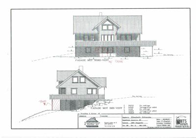 Fasadetegning som viser bygningens utseende fra to ulike vinkler (Nord-Vest og Sør-Vest) med angitte mål og terrengforhold.