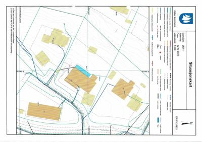 Situasjonskart som viser tomtens beliggenhet, topografi (konturlinjer), eksisterende og planlagt bebyggelse samt infrastruktur.