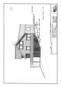 Fasadetegning av en bygning sett fra sør-vest, med detaljer om tak, vinduer og fasadematerialer.