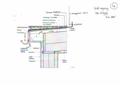 Snitttegning som viser detaljert oppbygning av takkonstruksjon, inkludert takbelegg, sløyfe, vindsperrer og dampsperrer.