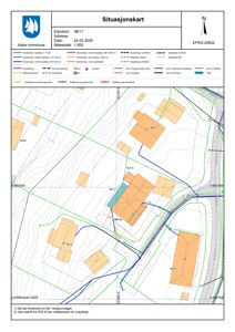 Situasjonskart som viser eiendomsforhold, naboeiendommer og infrastruktur for et prosjekt i Asker kommune.