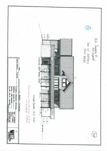 Fasadetegning (opprikk) av en bygning sett fra nordvest.