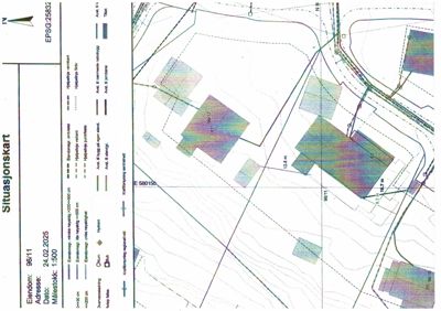 Situasjonskart som viser eiendomsnummer 96/11, adresse, dato (24.02.2025), målestokk (1:500) og detaljert topografi med konturlinjer, vegforløp, bebyggelse og arealopplysninger.