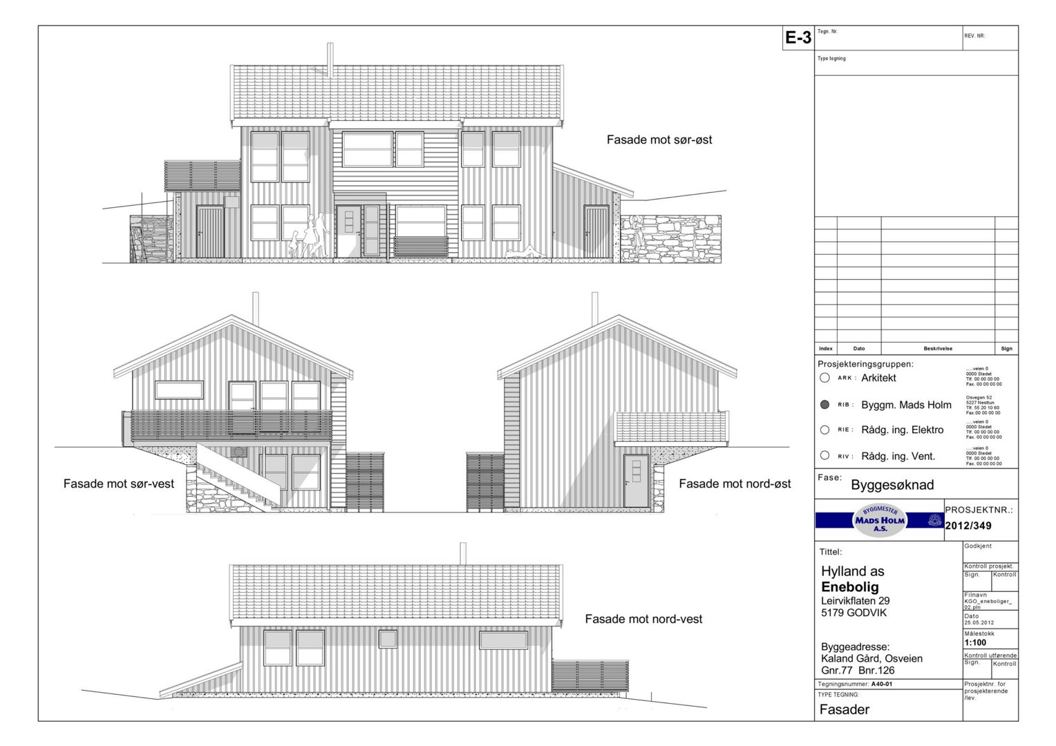 Fasadetegning som viser bygningens utseende fra fire ulike vinkler (sør-øst, sør-vest, nord-øst og nord-vest).