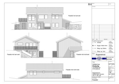 Fasadetegning som viser bygningens utseende fra fire ulike vinkler (sør-øst, sør-vest, nord-øst og nord-vest).