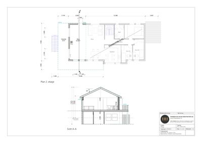 Bildet viser en etasjeplan (Plan 2. etasje) og et snitt (Snitt A-A) av en bolig.