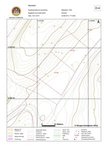 Basisplan (situasjonsplan) for en byggesak i Bergen kommune, som viser topografi, eiendomsgranser og eiendomsnummer.