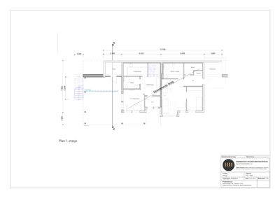 Etasjeplan (Plan 1. etasje) som viser romfordeling, dimensjoner og arkitektoniske elementer.