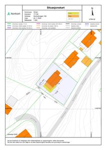 Situasjonskart som viser eiendomsforhold, naboeiendommer, topografi og bygningers plassering for eiendommen Bontveivgen 18A.