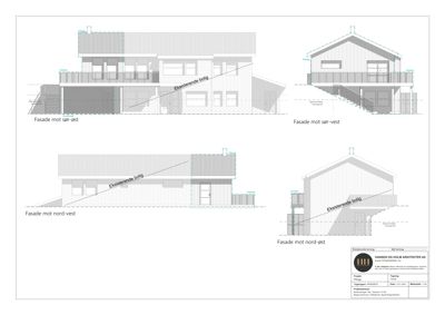 Fasadetegning som viser bygningens utseende fra fire ulike retninger (sør-øst, sør-vest, nord-vest og nord-øst).