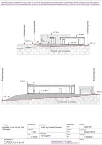Tverrsnitt (snitt) av en bygning i forhold til eksisterende terrenglinje, med høydemål og eiendomsgrenser.