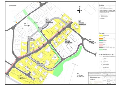 Situasjonsplan som viser tomtedeling, arealbruk og byggefelt i et boligområde.