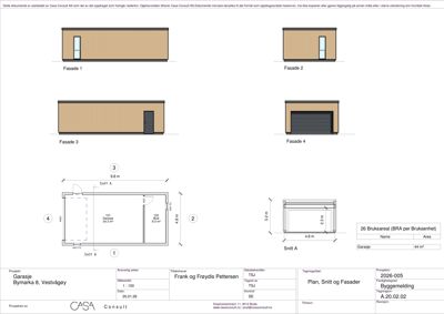 Tegning som viser fire ulike fasader (Fasade 1-4) på en garasje, samt et snitt (Snitt A) og bruksareal.