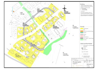 Situasjonsplan som viser tomtedeling, byggefelt (B1-B12), arealer (daa), %BYA, veier, og endringsnotater for et boligprosjekt.