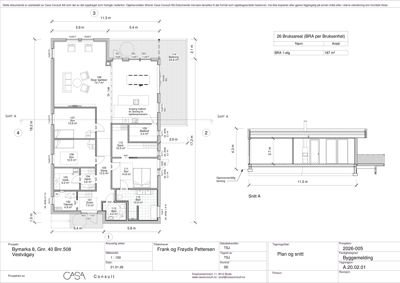 Etasjeplan (1. etg) med snitt A for bygning Bymarka 8, Gnr. 40 Bnr.508 Vestvågey