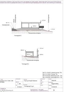 Tegning som viser tverrsnitt (snitt) av terrengprofilene 3 og 4, med høydemål og eksisterende terrenglinjer.