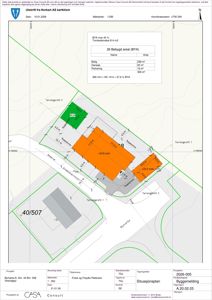 Situasjonsplan som viser tomtens grenser, bygningers plassering, arealoppdelinger (BYA, bolig, garasje, parkering) og høydemål.