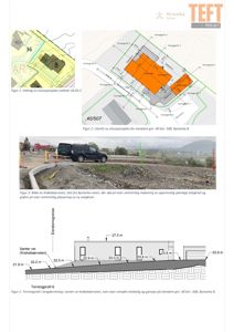 Bildet viser en samling av situasjonsplaner, et bilde fra byggeplass og et terrengprofil for eiendommen Bymarka 8.