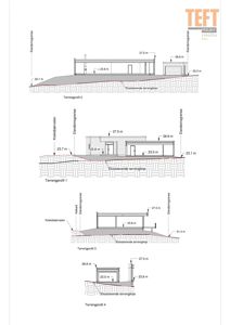 Tegning som viser tverrsnitt av bygningens høyde i forhold til terrenget og eiendomsgrensene.